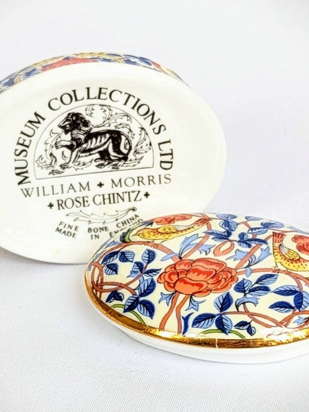 William Morris Rose Chintz Trinket Box: Vintage Fine Bone China Pill Collectible